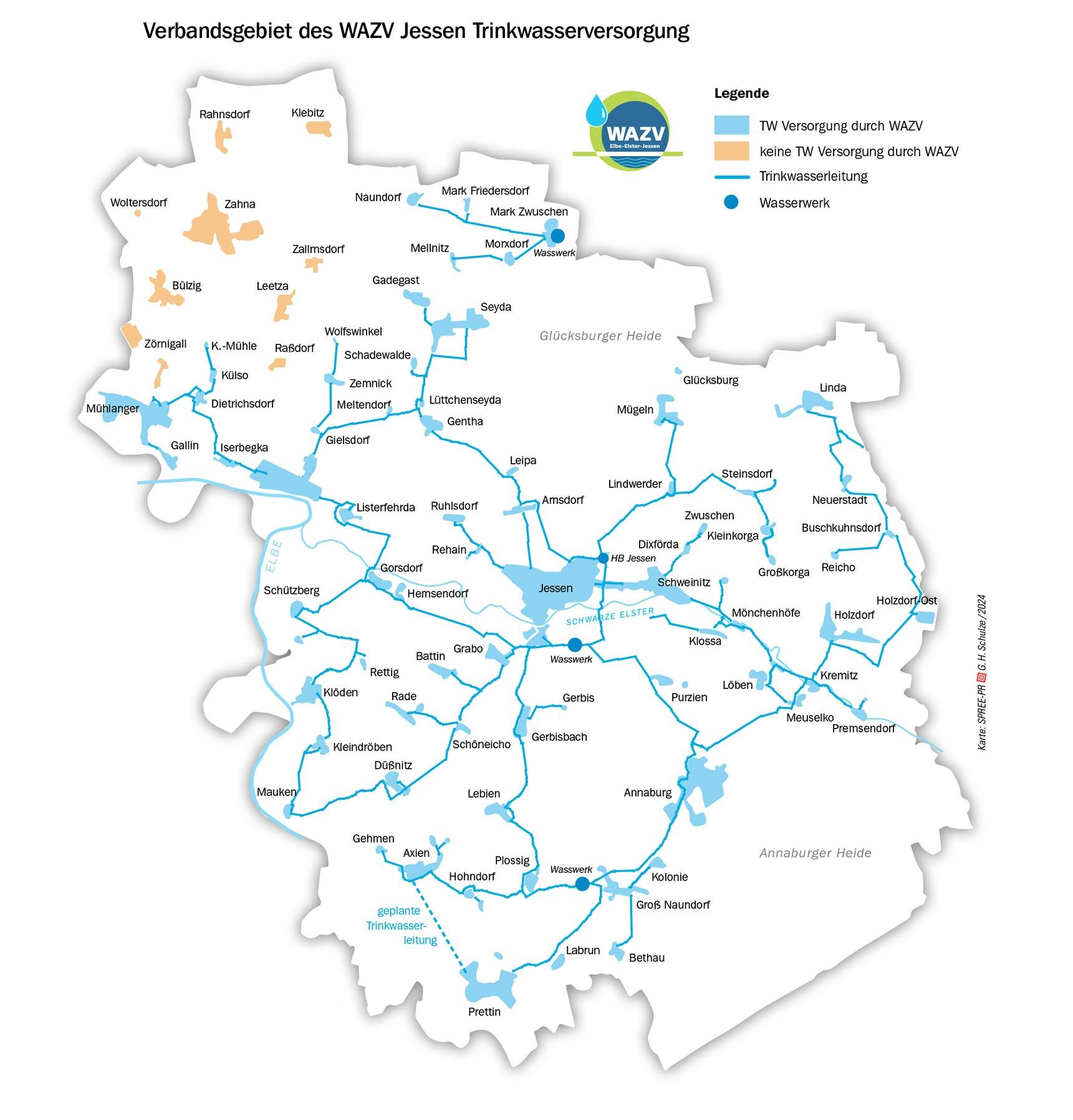 Verbandsgebiet des WAZV Jessen Trinkwasserversorgung